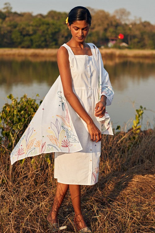 Okhai 'Daydream' Hand Embroidered Mirror Work Pure Cotton Dress with Stole