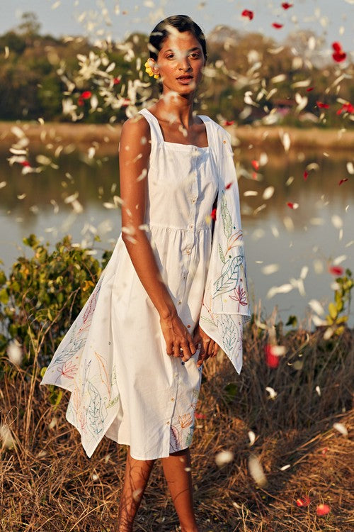 Okhai 'Daydream' Hand Embroidered Mirror Work Pure Cotton Dress with Stole