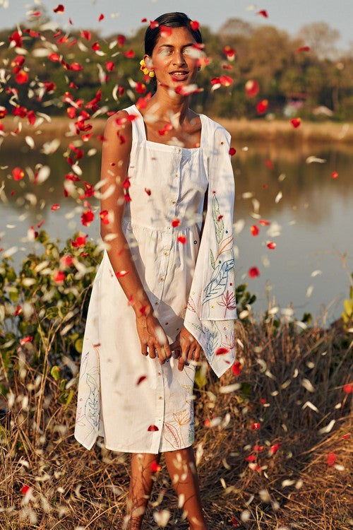 Okhai 'Daydream' Hand Embroidered Mirror Work Pure Cotton Dress with Stole