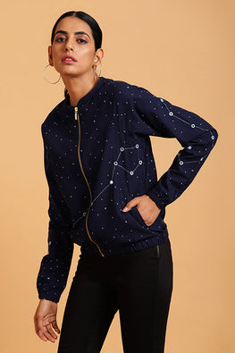 Moonlight Indigo Embroidered Cotton Bomber Jacket For Women Online
