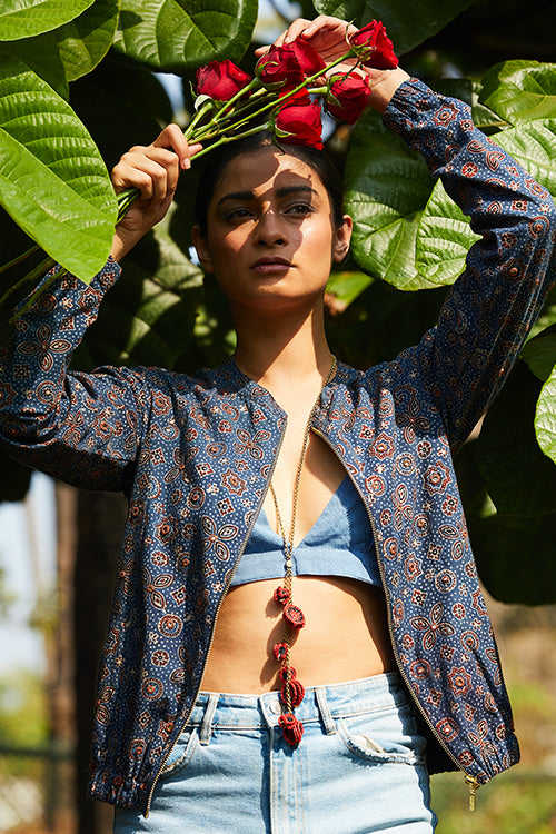 Okhai 'Nomad' Pure Cotton Ajrakh Handblock Printed Bomber Jacket