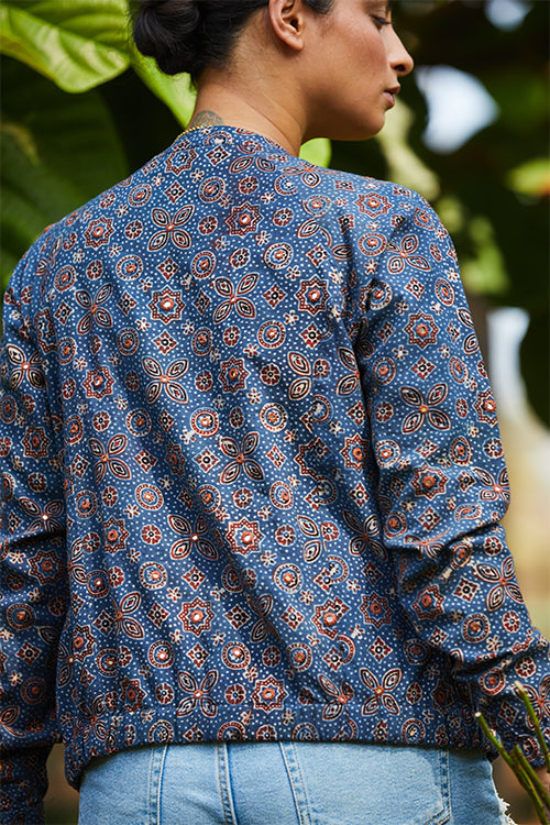 Okhai 'Nomad' Pure Cotton Ajrakh Handblock Printed Bomber Jacket