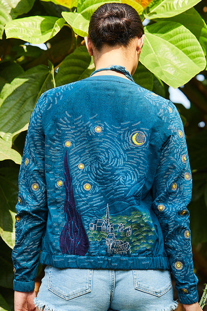 Okhai 'Starry Night' Hand Embroidery Mirror Work Pure Cotton Bomber Jacket