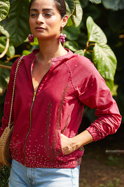Okhai 'Cherry Me' Hand Embroidery Pure Cotton Bomber Jacket