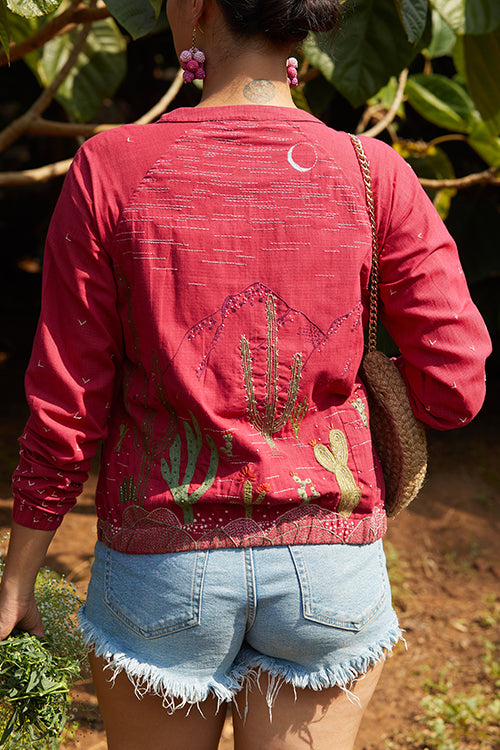 Okhai 'Cherry Me' Hand Embroidery Pure Cotton Bomber Jacket