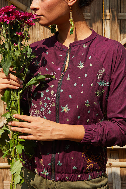 Okhai 'Night Forest' Hand Embroidery Mirror Work Pure Cotton Bomber Jacket