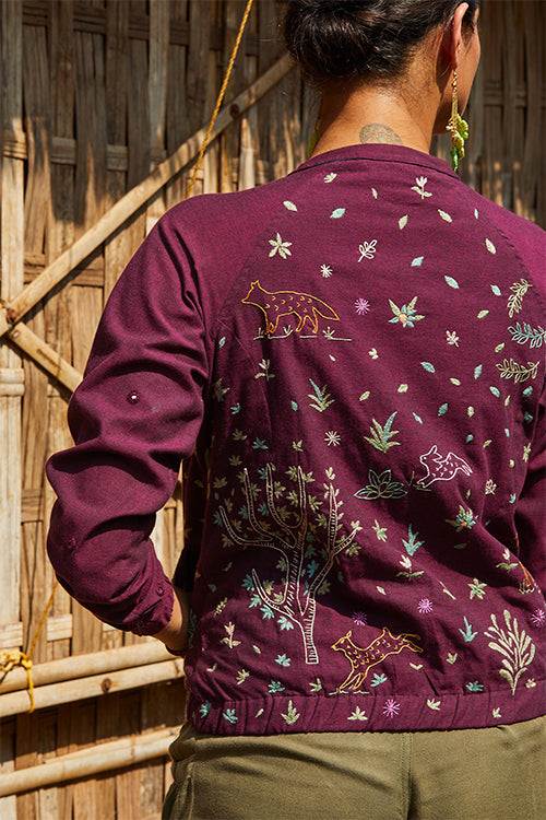 Okhai 'Night Forest' Hand Embroidery Mirror Work Pure Cotton Bomber Jacket