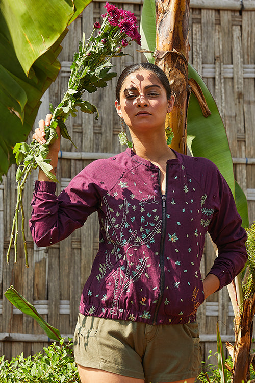 Okhai 'Night Forest' Hand Embroidery Mirror Work Pure Cotton Bomber Jacket