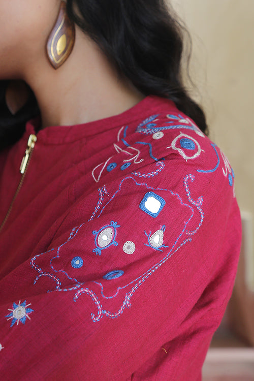 Okhai 'Fuchsia' Pure Cotton Hand Embroidered Mirror Work Bomber Jacket
