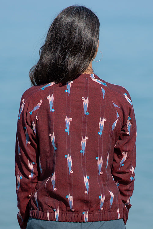 Okhai 'Mahogany' Handwoven Cotton Ikat Hand Embroidered Bomber Jacket