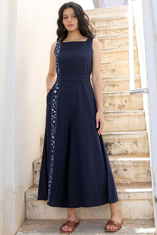Ocean Tide Navy Blue Mirror Work Hand Embroidered Cotton Jumpsuit Online