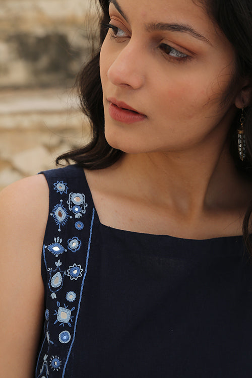 Ocean Tide Navy Blue Mirror Work Hand Embroidered Cotton Jumpsuit Online