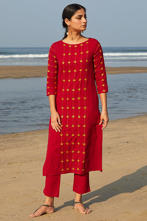 Okhai 'Red Hibiscus' Cotton Handloom Work Kurta-Pant Set