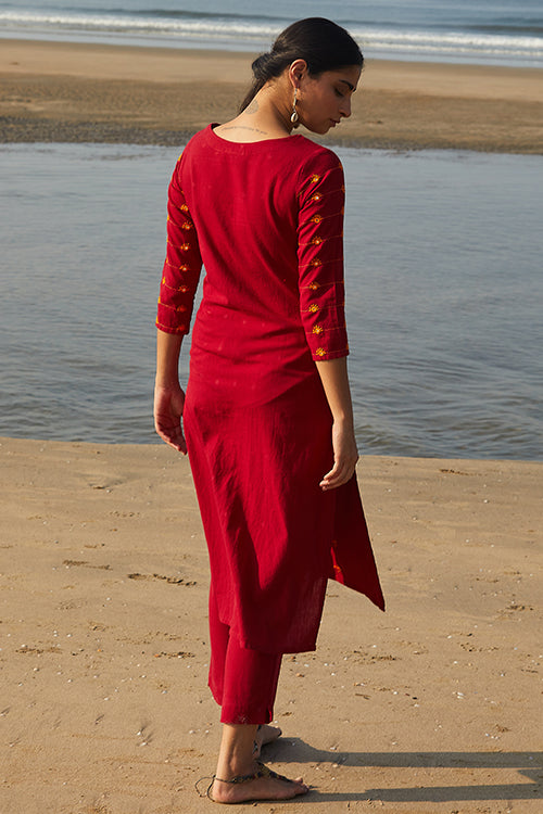 Okhai 'Red Hibiscus' Cotton Handloom Work Kurta-Pant Set