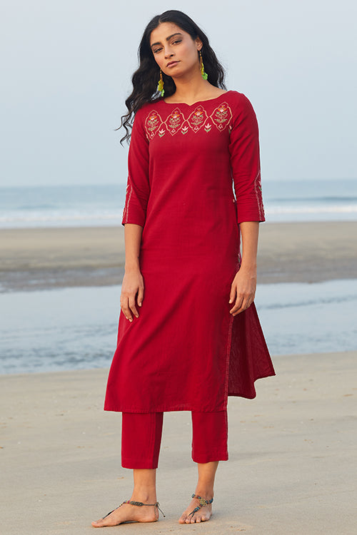 Darling Red Embroidered Cotton Kurta Pant Set For Women Online