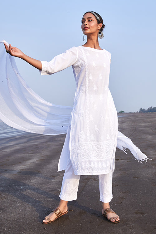 Chikankari Kurta with Pant and Rogan Dupatta - White