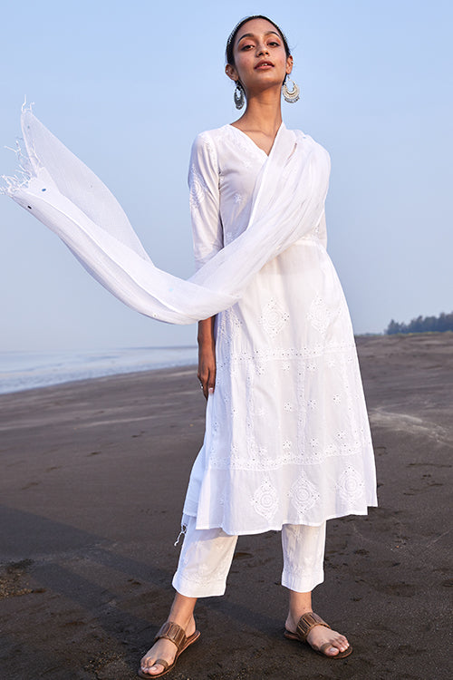 Okhai 'Gazal' Pure Cotton Chikankari Embroidered Kurta Pant Dupatta Set