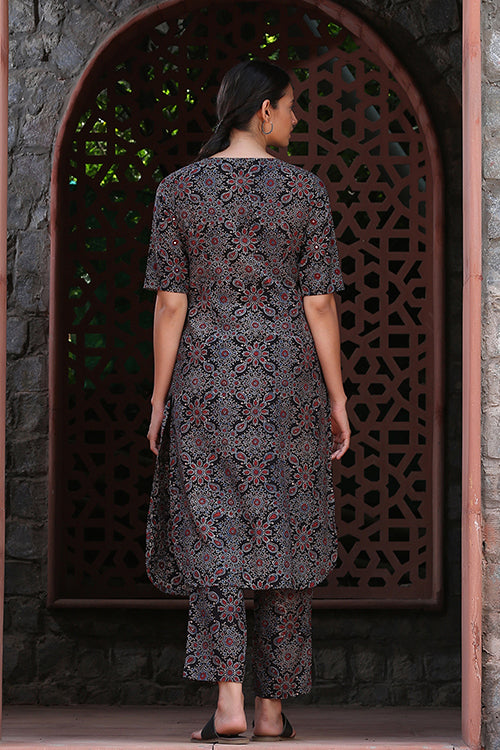 Okhai 'Epic' Pure Cotton Handblock Printed Ajrakh Mirror Work Kurta Pant Set