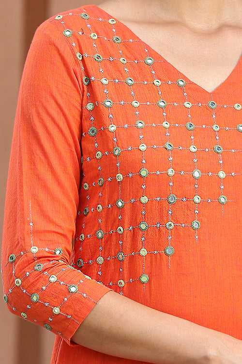 Okhai 'Fire Blossom' Hand Embroidered Mirror Work Pure Cotton Kurta Pant Set