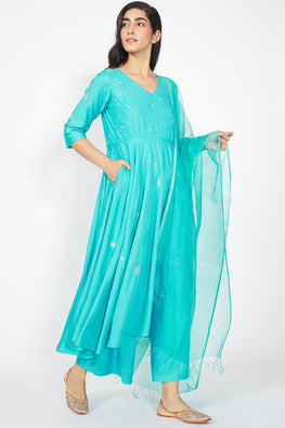Orion Embroidered Blue Kurti Pant Set With Dupatta Online
