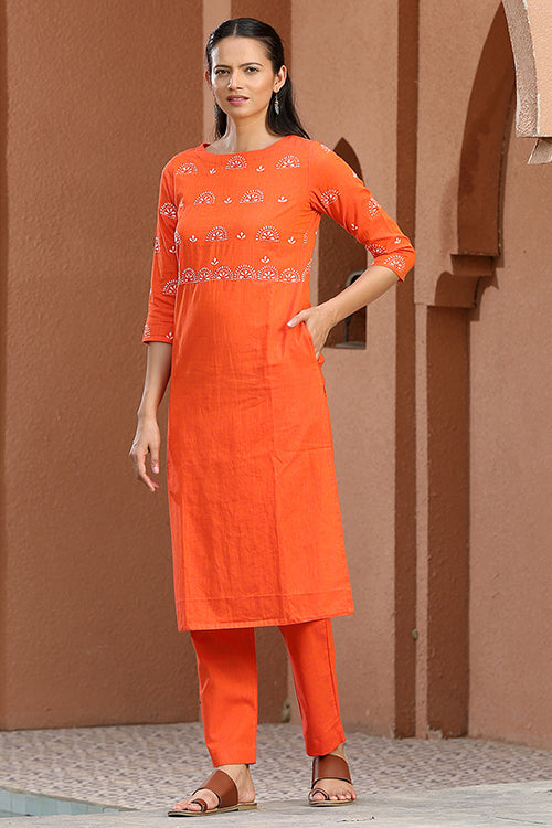 Okhai 'Quaint Tangerine' Hand Embroidered Kurta Pant Set