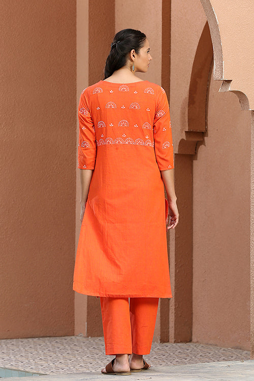 Okhai 'Quaint Tangerine' Hand Embroidered Kurta Pant Set