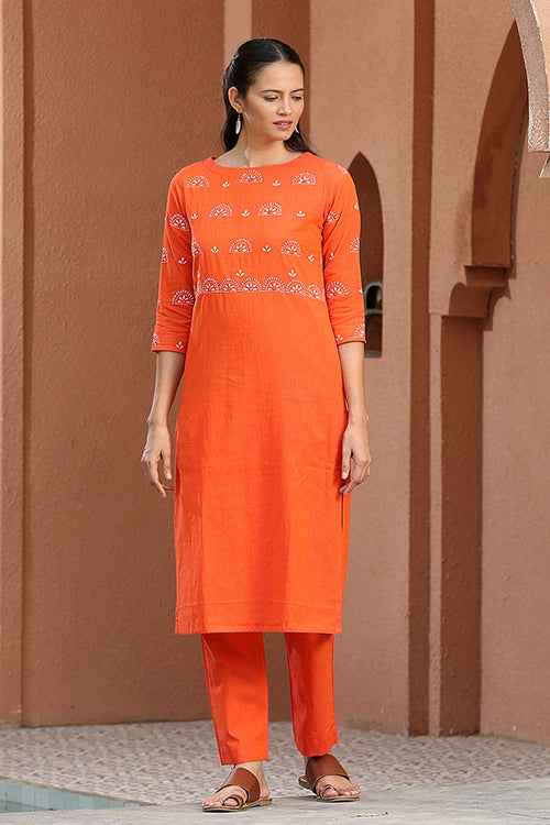 Okhai 'Quaint Tangerine' Hand Embroidered Kurta Pant Set