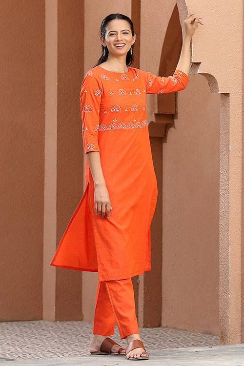 Okhai 'Quaint Tangerine' Hand Embroidered Kurta Pant Set