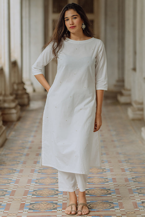 Together Mirror Work Pure Cotton White Kurta Pant Set For Women Online