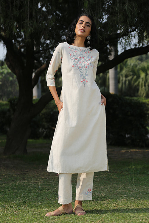 Okhai 'Ivory Pearl' Hand Embroidered  Cotton Kurta Pant Set