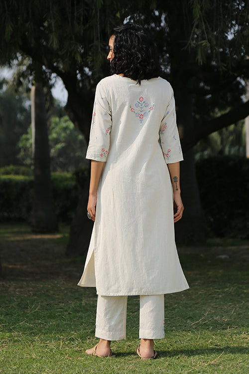 Okhai 'Ivory Pearl' Hand Embroidered  Cotton Kurta Pant Set