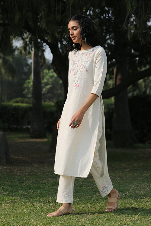 Okhai 'Ivory Pearl' Hand Embroidered  Cotton Kurta Pant Set