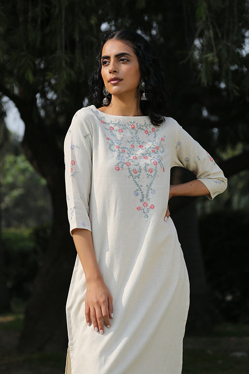 Okhai 'Ivory Pearl' Hand Embroidered  Cotton Kurta Pant Set