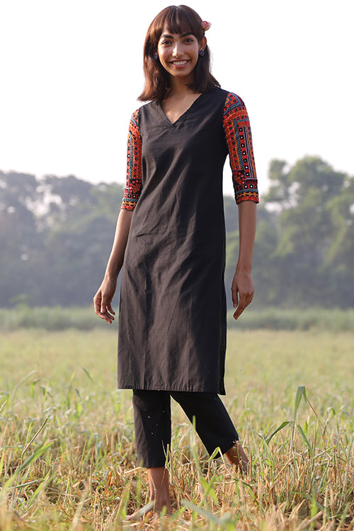 Safe Haven Black Cotton Embroidered Kurta Pant Set Online