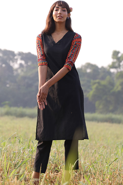 Safe Haven Black Cotton Embroidered Kurta Pant Set Online