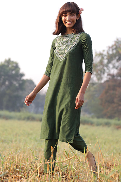 Okhai 'Fresh Green' Hand Embroidered Mirror Work Pure Cotton Kurta Pant Set