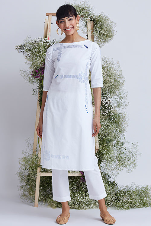 Sweetness White Embroidered Cotton Kurta Pant Set For Women Online