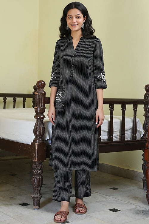 Obsidian Mirror Work Pure Cotton Embroidered Black Kurta Pant Set Online.