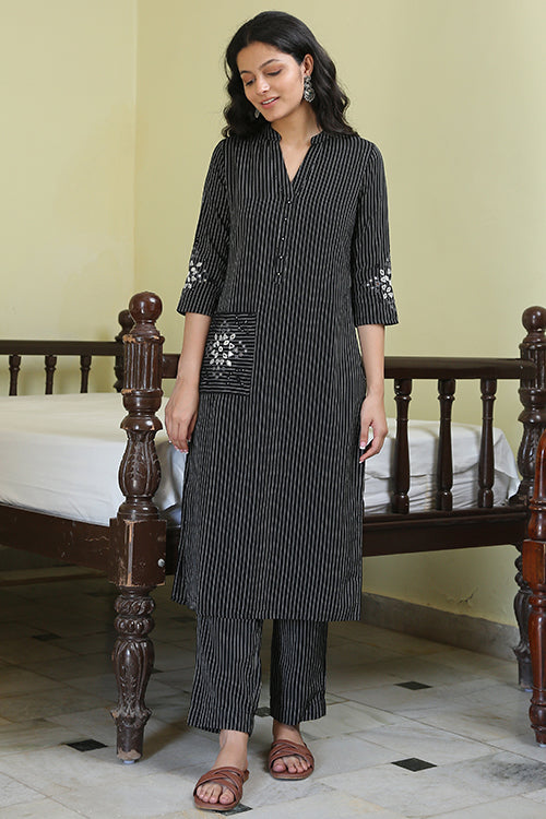 Okhai 'Obsidian' Pure Cotton Hand Embroidered Mirror Work Kurta Pant Set