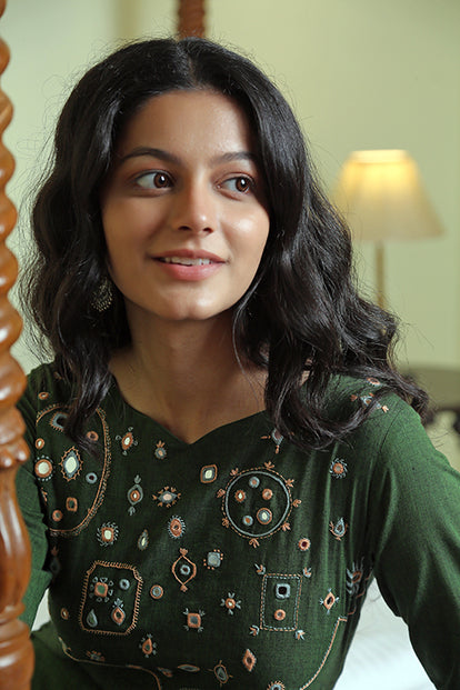 Eucalyptus Garden Mirror Work Cotton Embroidered Green Kurta Pant Set Online