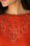 Okhai 'Crimson Lake' Pure Cotton Hand Embroidered Mirror Work Kurta Pant Set