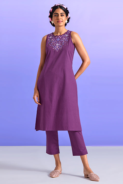  Radiant Purple Pure Cotton Hand Embroidered Kurta Pant Set For Women Online