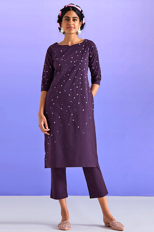 Liberated Purple Block Printed Cotton Kurta Pant Set For Women Online