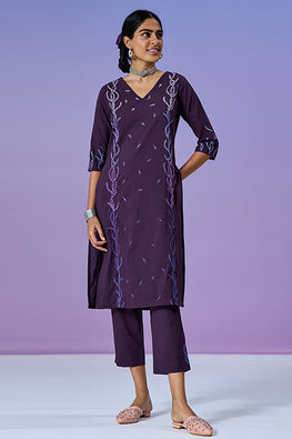  Playful Purple Pure Cotton Hand Embroidered Kurta Pant Set For Women Online