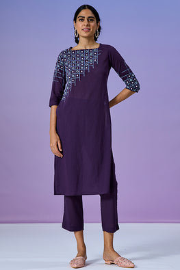 Resilient Purple Pure Cotton Hand Embroidered Kurta Pant Set For Women Online