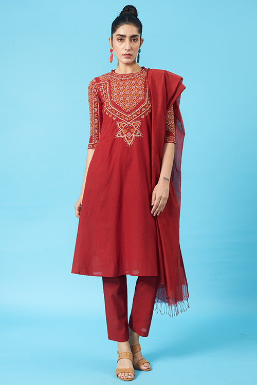 Monarch Cotton Embroidered Kurta Pant Dupatta Set Online