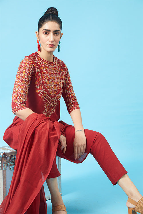Okhai 'Monarch' Kutch Embroidered Kurta Pant Dupatta Set
