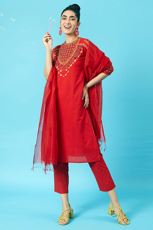 Thunderbird Kutch Embroidered Kurti Pant Set With Dupatta Online