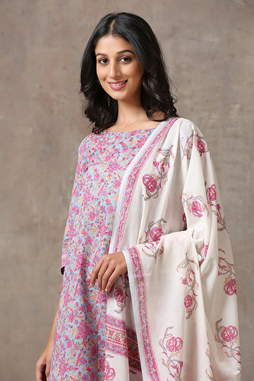 Okhai 'Pink Lily' Pure Cotton Hand Block Printed Kurta Pant Dupatta Set