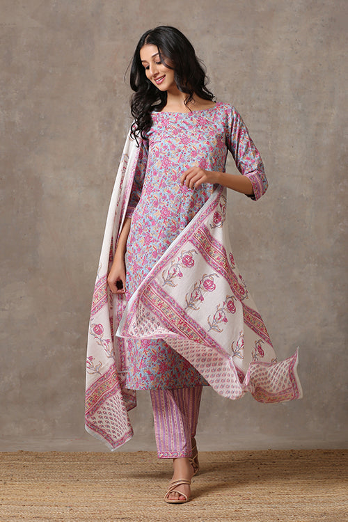 Okhai 'Pink Lily' Pure Cotton Hand Block Printed Kurta Pant Dupatta Set